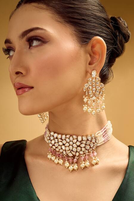 Nazaakat By Samara Singh Pink Rhinestones, Pearls Brass Necklace And Earring Set Online at Aza Fashions Nazaakat By Samara Singh_Pink Rhinestones, Pearls Brass Necklace And Earring Set _Online_at_Aza_Fashions