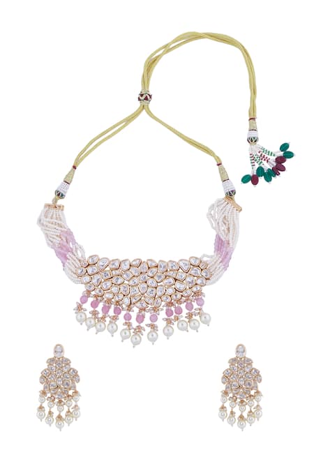 Shop Nazaakat By Samara Singh Pink Rhinestones, Pearls Brass Necklace And Earring Set at Aza Fashions Shop_Nazaakat By Samara Singh_Pink Rhinestones, Pearls Brass Necklace And Earring Set _at_Aza_Fashions