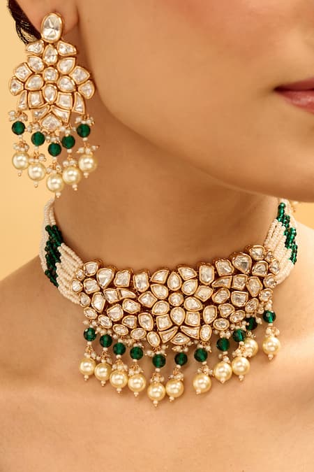 Buy_Nazaakat By Samara Singh_Green Beads, Pearls Beaded Necklace And Earring Set _Online_at_Aza_Fashions