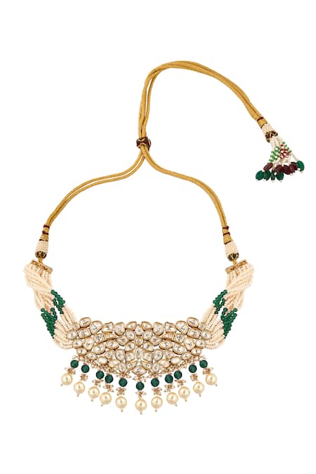 Shop_Nazaakat By Samara Singh_Green Beads, Pearls Beaded Necklace And Earring Set _Online_at_Aza_Fashions