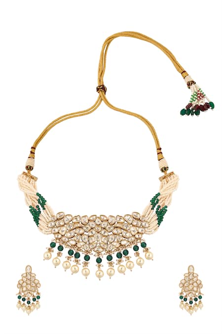 Shop_Nazaakat By Samara Singh_Green Beads, Pearls Beaded Necklace And Earring Set _at_Aza_Fashions