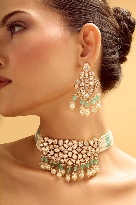 Shop Nazaakat By Samara Singh Green Pearls Brass Beaded Jewellery Set Online at Aza Fashions Shop_Nazaakat By Samara Singh_Green Pearls Brass Beaded Jewellery Set _Online_at_Aza_Fashions