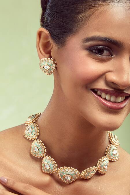 Buy_Nazaakat By Samara Singh_Mint And Pink Decorative Jewellery Set 