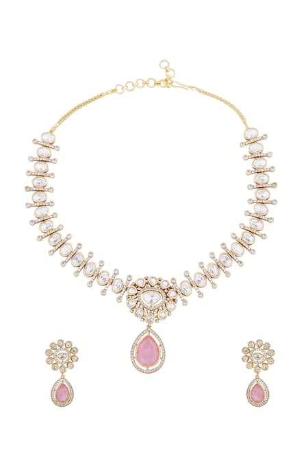 Shop Nazaakat By Samara Singh Pink Rhinestones And Gold Necklace Set at Aza Fashions Shop_Nazaakat By Samara Singh_Pink Rhinestones And Gold Necklace Set _at_Aza_Fashions