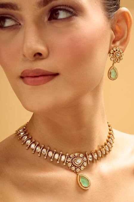 Buy_Nazaakat By Samara Singh_Aqua Stones, Pearls Gold Necklace And Earring Set 