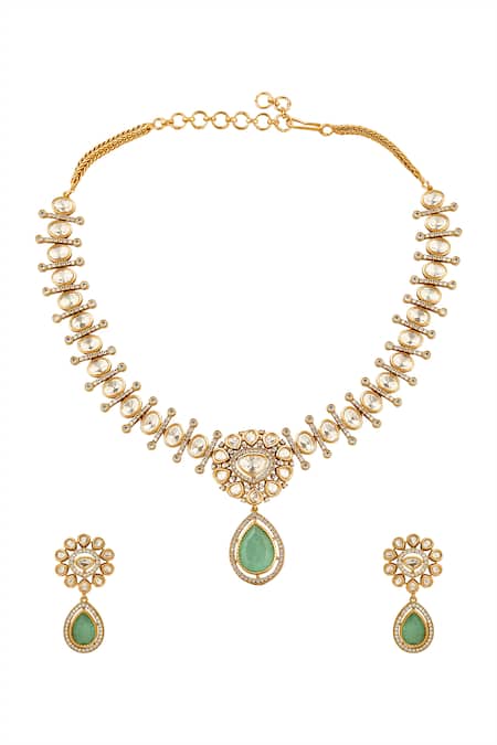 Shop_Nazaakat By Samara Singh_Aqua Stones, Pearls Gold Necklace And Earring Set _at_Aza_Fashions