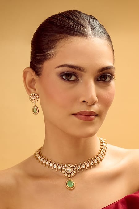 Nazaakat By Samara Singh Aqua Stones, Pearls Gold Necklace And Earring Set 
