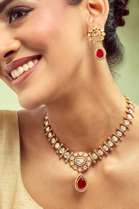 Buy_Nazaakat By Samara Singh_Red And Gold Brass Jewellery Set 