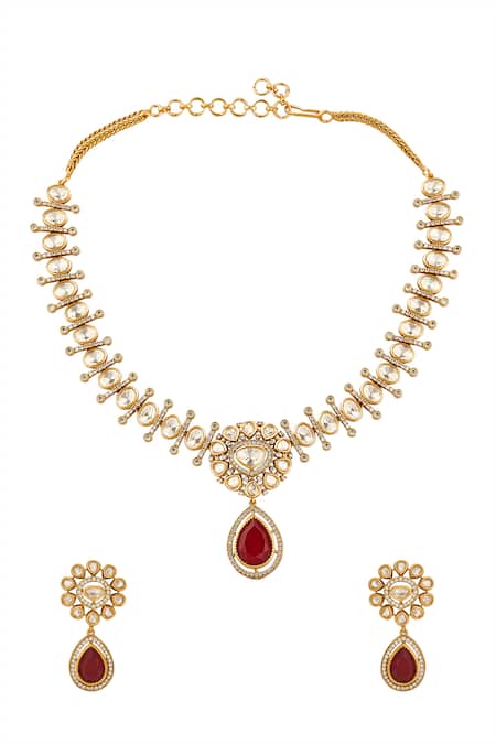 Shop_Nazaakat By Samara Singh_Red And Gold Brass Jewellery Set _at_Aza_Fashions