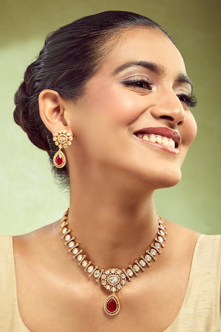 Buy_Nazaakat By Samara Singh_Red And Gold Brass Jewellery Set _at_Aza_Fashions