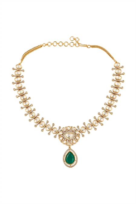 Nazaakat By Samara Singh_Green Stones Dark Brass Necklace And Earring Set _Online_at_Aza_Fashions