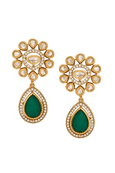 Nazaakat By Samara Singh_Green Stones Dark Brass Necklace And Earring Set _at_Aza_Fashions