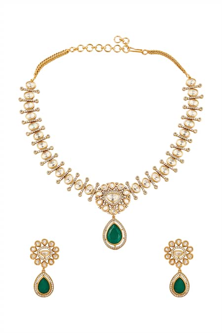 Nazaakat By Samara Singh Dark Green Brass Necklace & Earring Set 