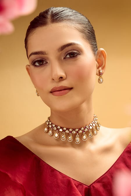 Shop_Nazaakat By Samara Singh_Red Ruby Brass Necklace And Earring Set _Online_at_Aza_Fashions