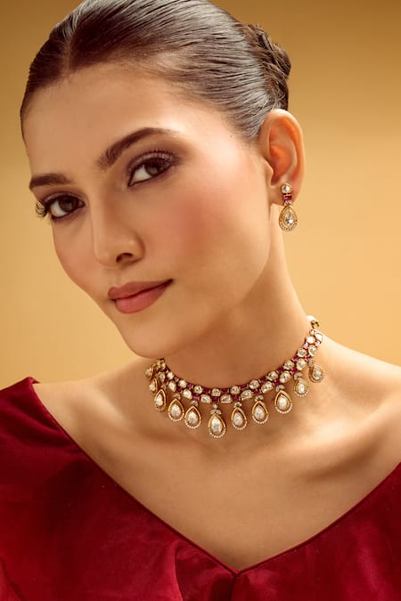 Shop_Nazaakat By Samara Singh_Red Ruby Brass Necklace And Earring Set 