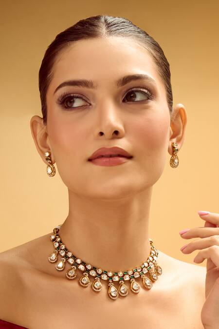 Nazaakat By Samara Singh_Green Stones Brass Necklace And Earring Set _Online_at_Aza_Fashions