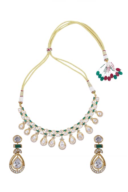 Nazaakat By Samara Singh Green Brass Necklace & Earring Set