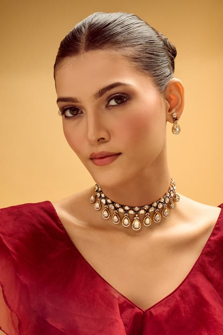 Buy_Nazaakat By Samara Singh_Blue Stones Brass Necklace And Earring Set 