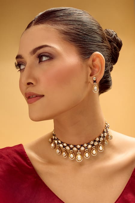 Shop_Nazaakat By Samara Singh_Blue Stones Brass Necklace And Earring Set 