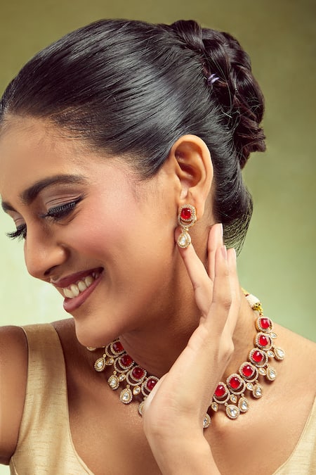Buy_Nazaakat By Samara Singh_Red Stones Embellished Jewellery Set _Online_at_Aza_Fashions