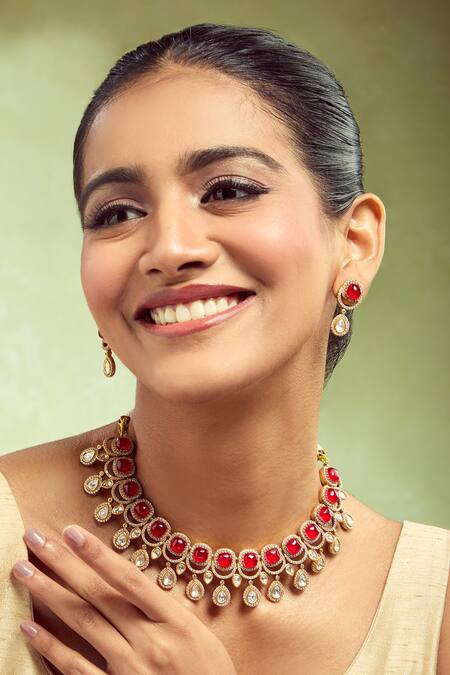 Samyukta Singhania Red Stone Embellished Jewellery Set 