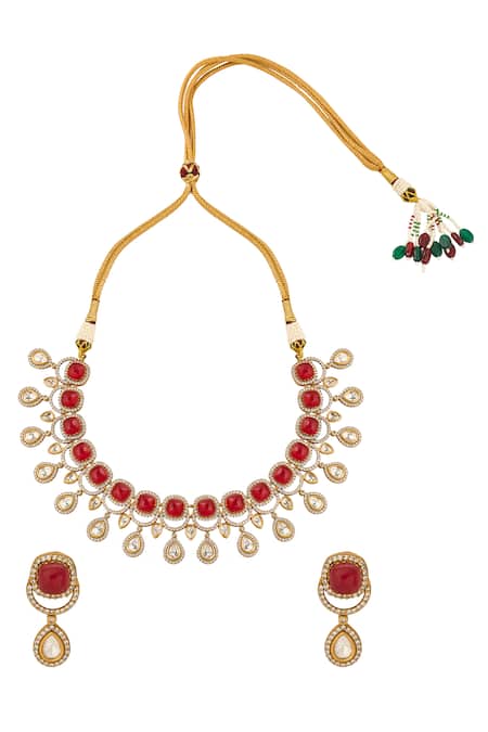 Shop_Nazaakat By Samara Singh_Red Stones Embellished Jewellery Set _at_Aza_Fashions