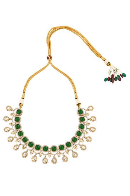 Buy_Nazaakat By Samara Singh_Green Stones Dark Brass Jewellery Set _Online_at_Aza_Fashions