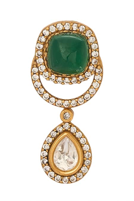 Shop_Nazaakat By Samara Singh_Green Stones Dark Brass Jewellery Set _Online_at_Aza_Fashions