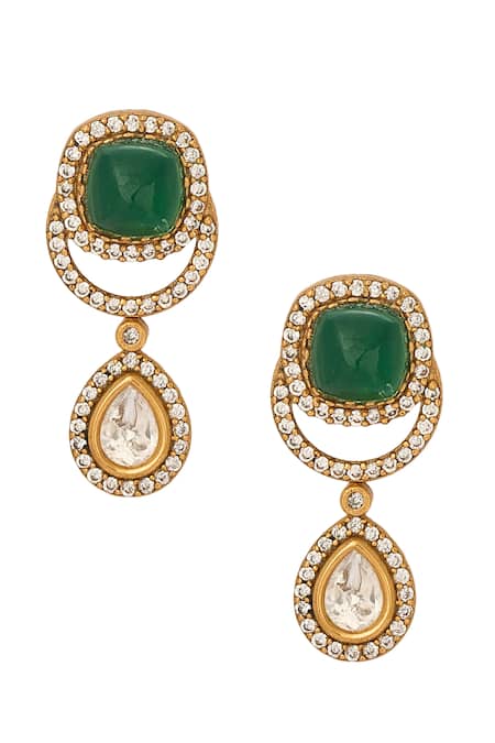 Nazaakat By Samara Singh_Green Stones Dark Brass Jewellery Set _at_Aza_Fashions