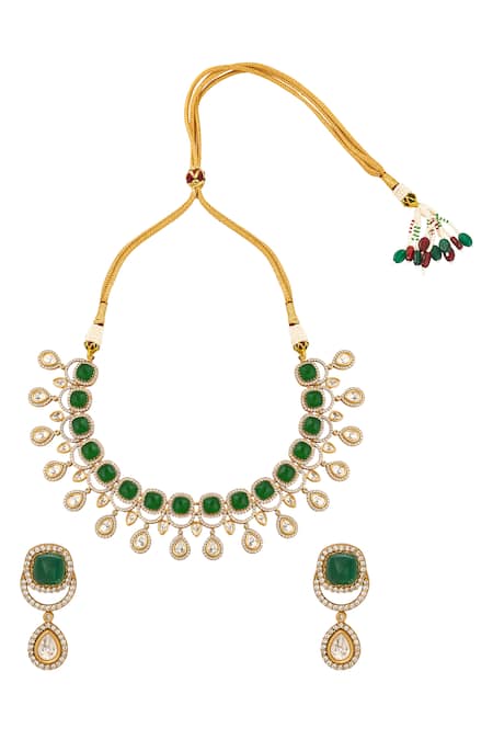 Shop_Nazaakat By Samara Singh_Green Stones Dark Brass Jewellery Set _at_Aza_Fashions