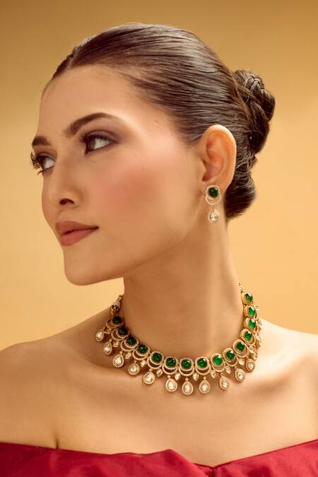 Nazaakat By Samara Singh Green Stones Dark Brass Jewellery Set 