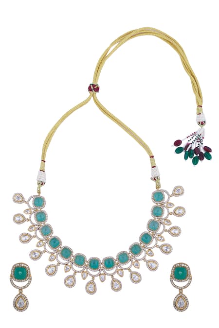 Shop_Nazaakat By Samara Singh_Aqua Stones Embellished Jewellery Set _at_Aza_Fashions