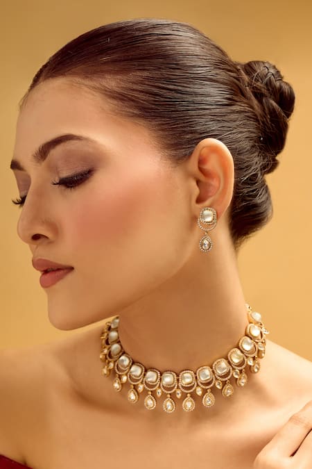 Nazaakat By Samara Singh_White Crystals Brass Stone Embellished Jewellery Set _Online_at_Aza_Fashions