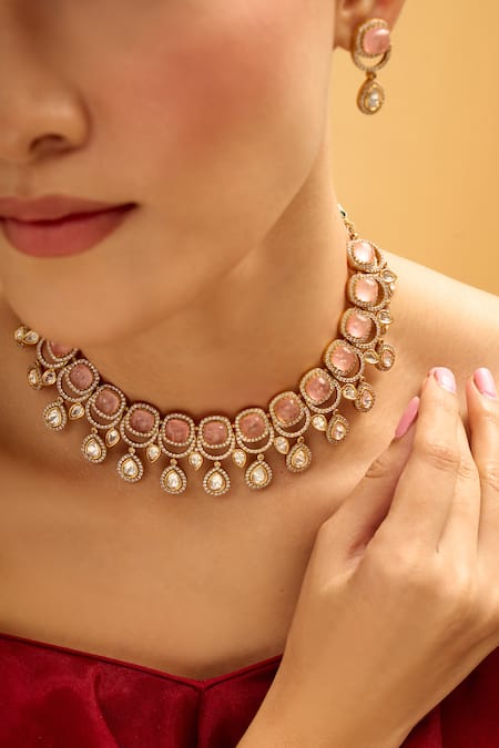 Shop_Nazaakat By Samara Singh_Pink Crystals Stone Embellished Jewellery Set 