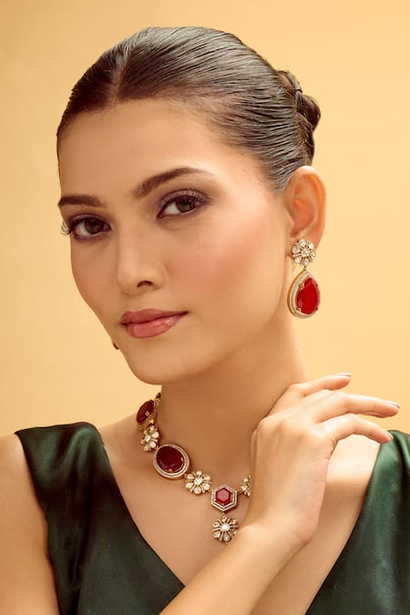 Nazaakat By Samara Singh Red Stones Brass Necklace And Earring Set 