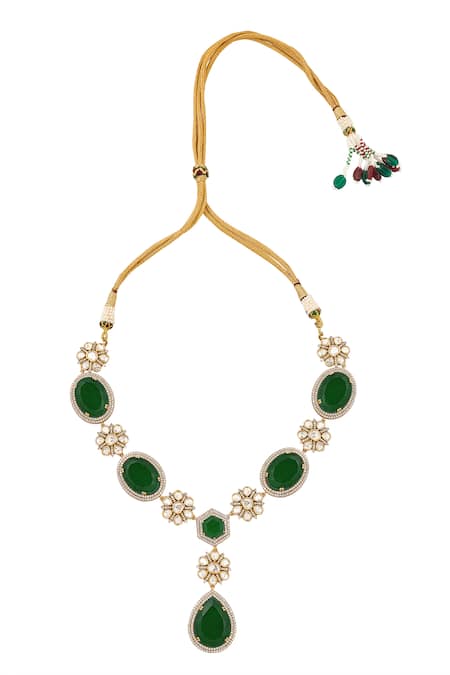 Nazaakat By Samara Singh_Green Stones Dark Brass Jewellery Set _Online_at_Aza_Fashions