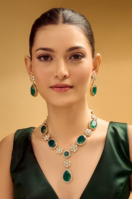 Buy_Nazaakat By Samara Singh_Green Stones Dark Brass Jewellery Set _Online_at_Aza_Fashions