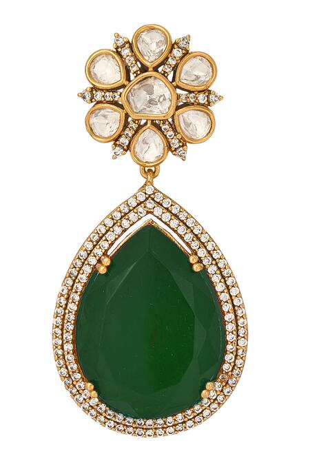 Buy_Nazaakat By Samara Singh_Green Stones Dark Brass Jewellery Set 