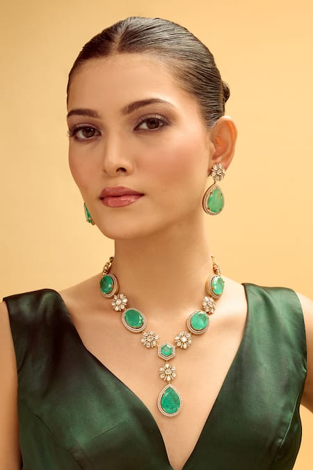 Nazaakat By Samara Singh Aqua Stones Brass Necklace And Earring Set 