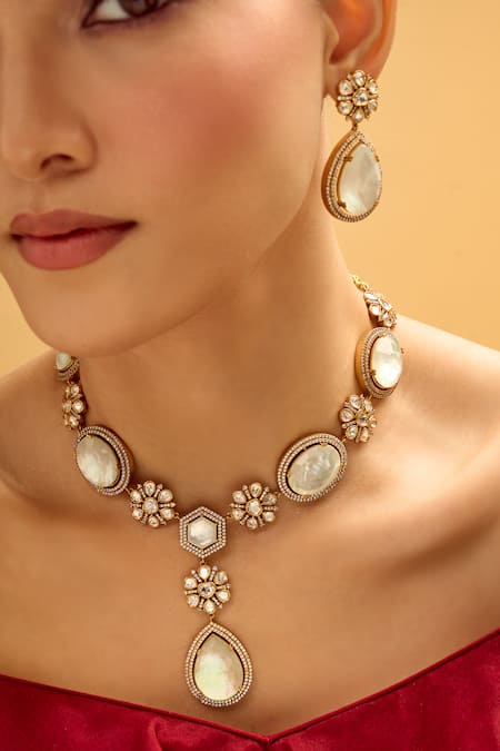 Buy Nazaakat By Samara Singh White Stones Brass Embellished Necklace And Earrings Set Online at Aza Fashions Buy_Nazaakat By Samara Singh_White Stones Brass Embellished Necklace And Earrings Set _Online_at_Aza_Fashions