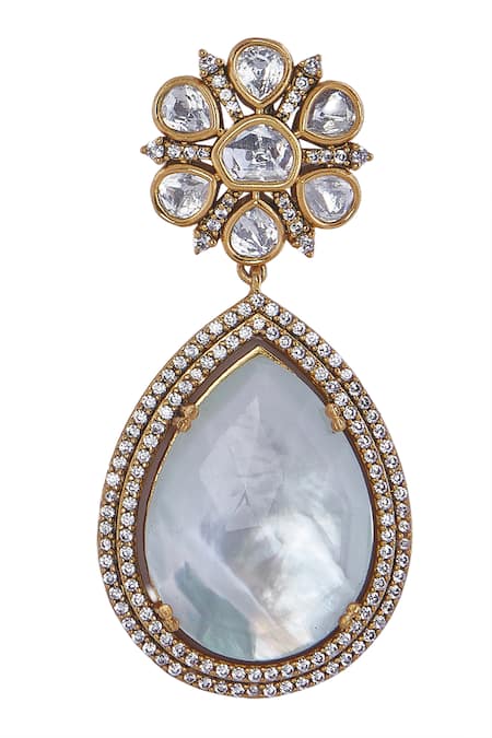 Nazaakat By Samara Singh White Stones Brass Embellished Necklace And Earrings Set at Aza Fashions Nazaakat By Samara Singh_White Stones Brass Embellished Necklace And Earrings Set _at_Aza_Fashions