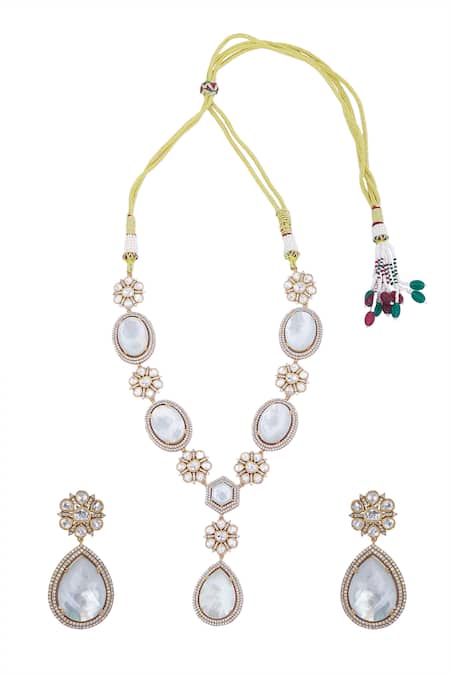 Shop Nazaakat By Samara Singh White Stones Brass Embellished Necklace And Earrings Set at Aza Fashions Shop_Nazaakat By Samara Singh_White Stones Brass Embellished Necklace And Earrings Set _at_Aza_Fashions