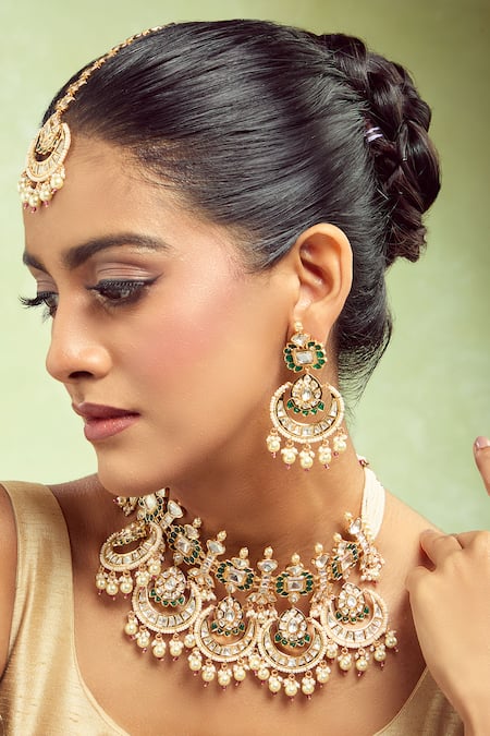 Shop_Nazaakat By Samara Singh_Green Pearls, Stones Brass And Pink Jewellery Set _Online_at_Aza_Fashions