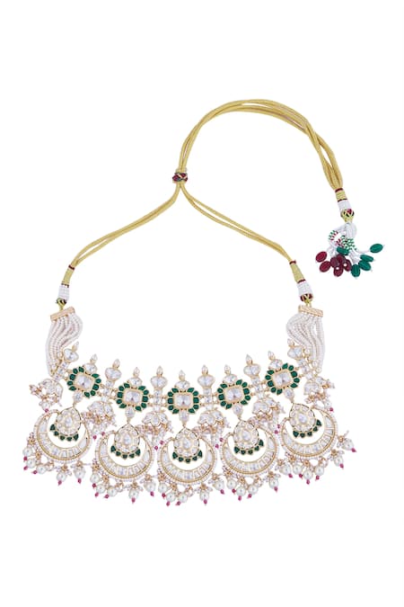 Shop_Nazaakat By Samara Singh_Green Pearls, Stones Brass And Pink Jewellery Set 
