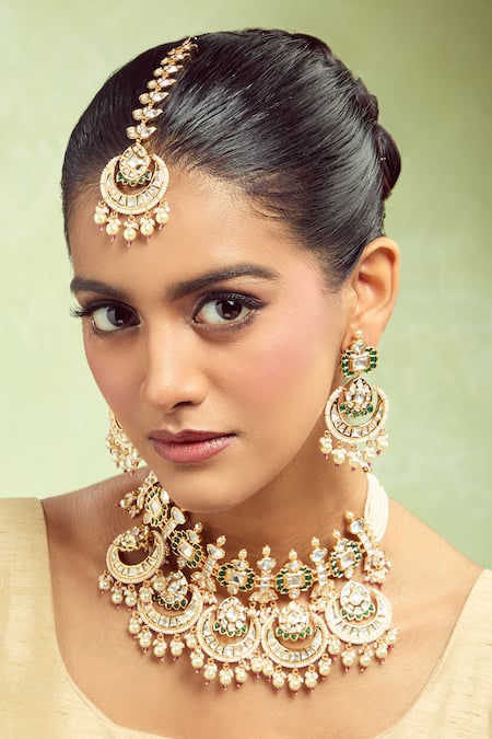 Samyukta Singhania Brass Green & Pink Jewellery Set 