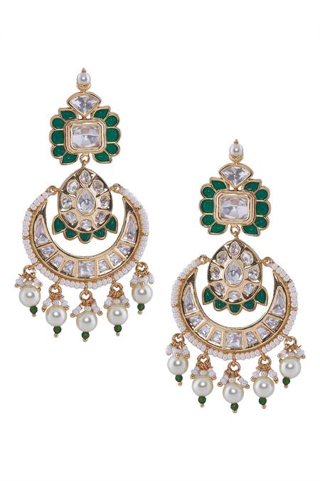Nazaakat By Samara Singh_Green Stones, Pearls Brass And White Jewellery Set _at_Aza_Fashions