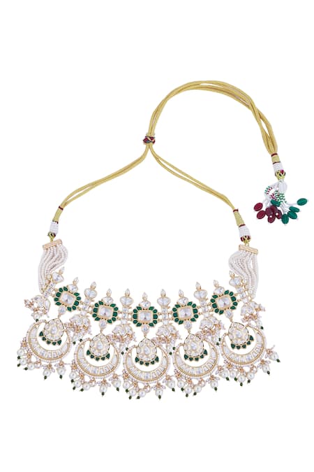 Shop_Nazaakat By Samara Singh_Green Stones, Pearls Brass And White Jewellery Set 
