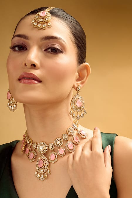 Nazaakat By Samara Singh Pink Stones, Pearls Brass Necklace Earring Maangtika Set 