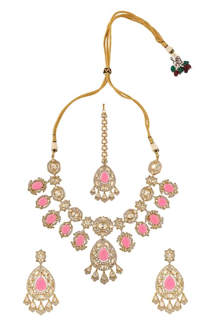 Shop Nazaakat By Samara Singh Pink Stones, Pearls Brass Necklace Earring Maangtika Set at Aza Fashions Shop_Nazaakat By Samara Singh_Pink Stones, Pearls Brass Necklace Earring Maangtika Set _at_Aza_Fashions