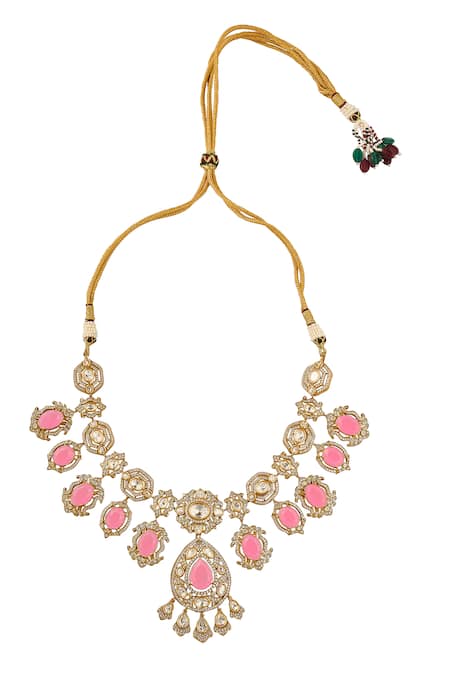 Buy Nazaakat By Samara Singh Pink Stones, Pearls Brass Necklace Earring Maangtika Set Buy_Nazaakat By Samara Singh_Pink Stones, Pearls Brass Necklace Earring Maangtika Set